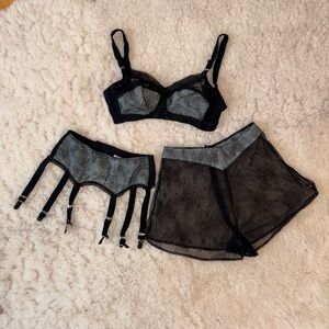 What Katie Did Black Lace & Aqua Bra, Garter Belt & Shorts Lingerie Set 36DD/US6